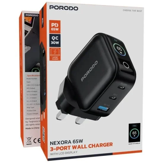 Porodo Nexora 65W 3-Port Wall Charger with LCD Display _ Black